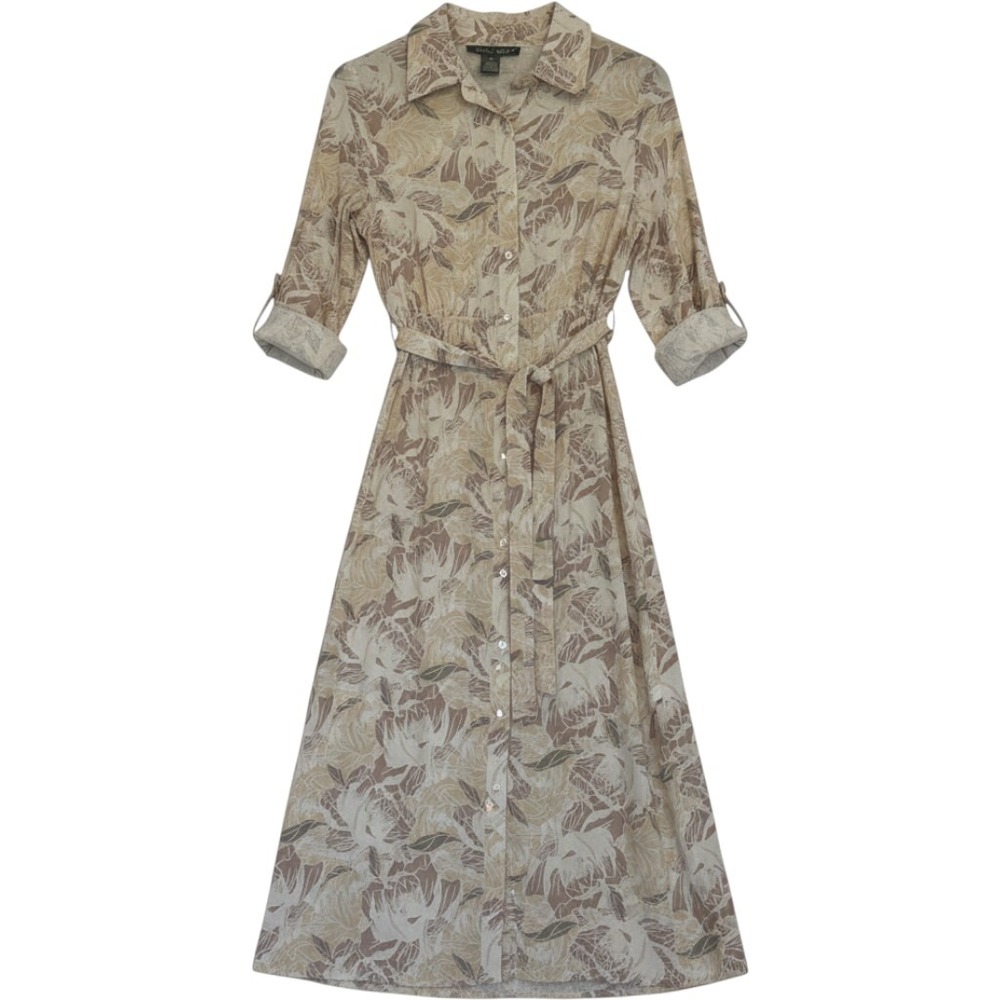 Lark + Grey Petite Floral Linen Blend Shirt Dress Neutral Tan PM Cottage Core